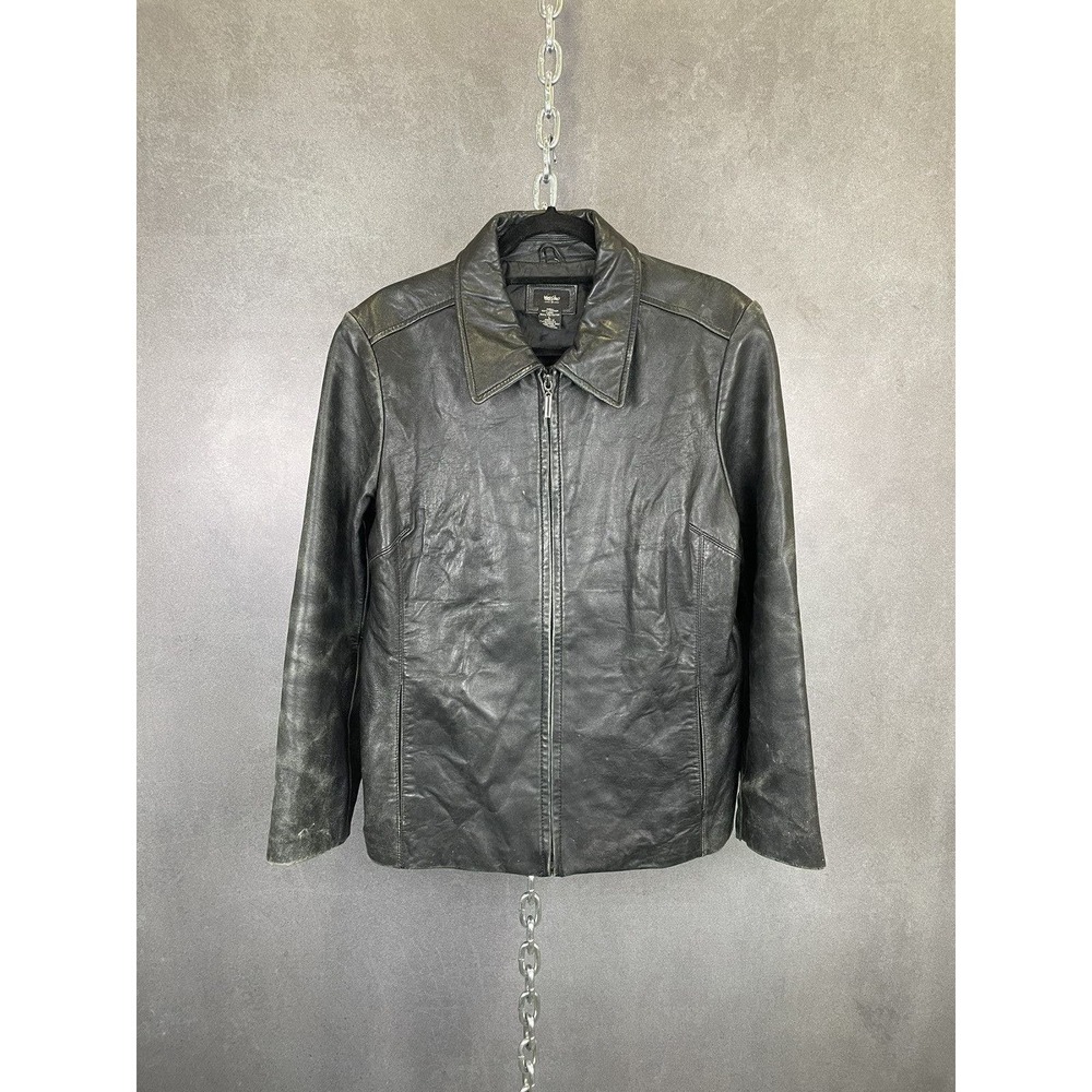 Vintage 90s‎ Black Collared Leather Zip Up Jacket Size Large
